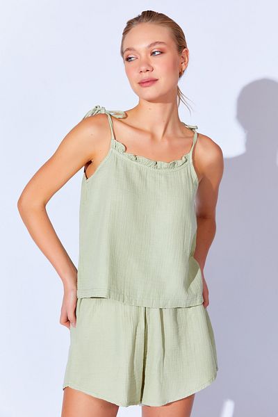 Manche Çağla Muslin Washed 100% Organic Cotton Women's Pajamas Set - Comfortable Cut Shorts Athlete |   Mkw 179977 -01
