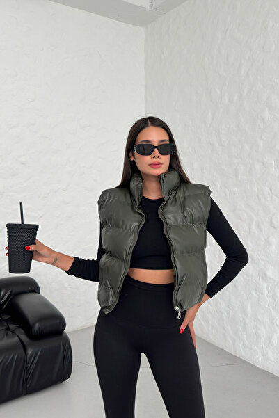 LACHT DF Жіночий хакі шкіряний жилет на блискавці