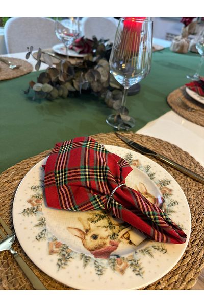 Decamor home 6-Piece Cotton Linen Plaid Stain-Proof Green Red Napkin