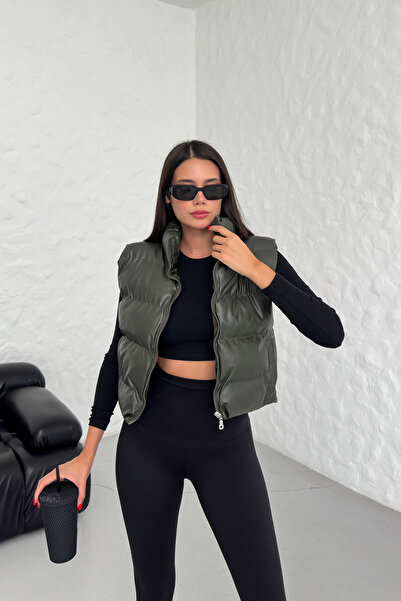 LACHT DF Жіночий хакі шкіряний жилет на блискавці