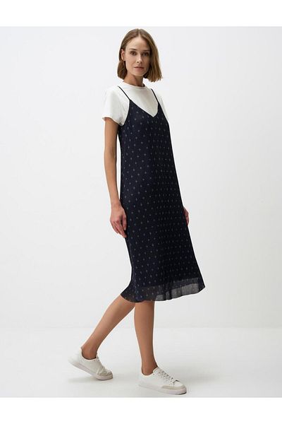 Jimmy Key Navy Blue Strap V-Neck Print Mesh Midi Dress