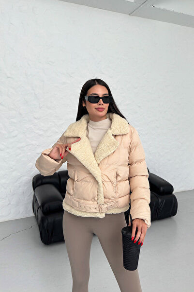 LACHT DF Kadın Bej Çıtçıtlı Beli Kemerli İçi Kürklü Biker Mont