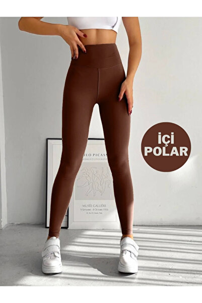 byhaziran butik Extra High Waisted Shardon Leggings with Fleece Inside Looking Slimming Leggings Brown