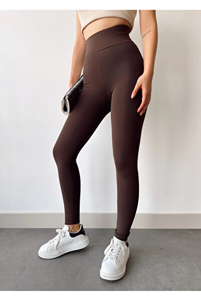 byhaziran butik Extra High Waisted Shardon Leggings with Fleece Inside Looking Slimming Leggings Brown
