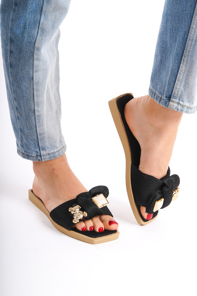 FASHION Siyah Kadın Kurdeleli Terlik
