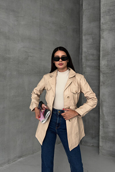 LACHT DF Kadın Bej Beli Lastikli Düğmeli Deri Trençkot