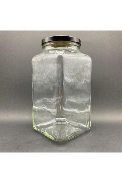 Ahsa Ticaret 3000 Cc Cornered Glass Jar - Black Metal Lid - 3 Liter Glass Square Jar
