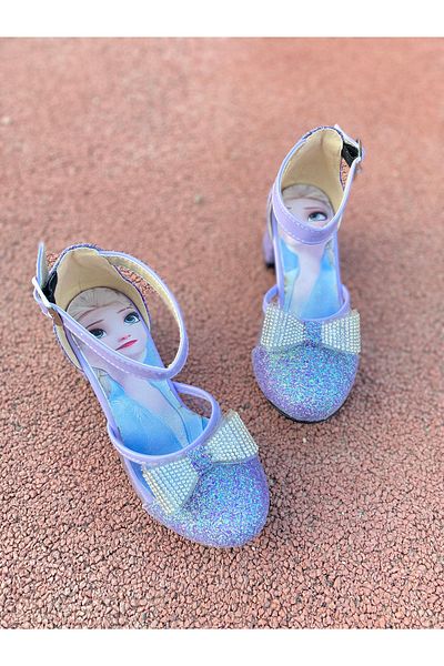 NS Little Pantofi cu toc pentru fete cu imprimeu Elsa cu fundă și sclipici, pantofi de seară