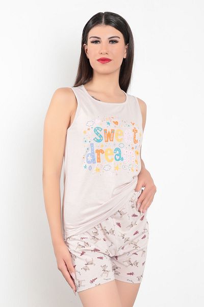 GİYSA Stone Color Cotton Women's Pajama Set - Zero Sleeve Printed Shorts - 10004