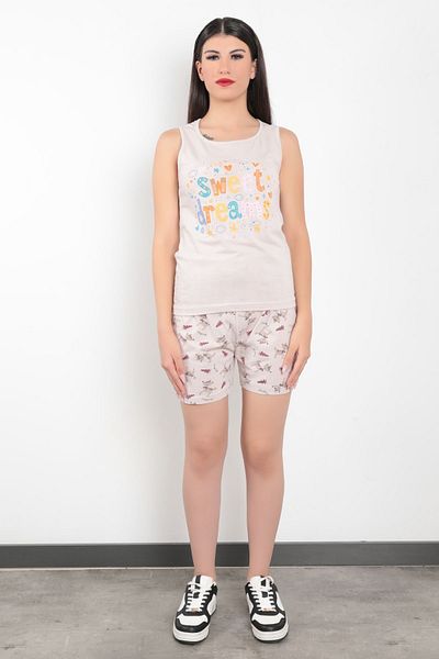 GİYSA Stone Color Cotton Women's Pajama Set - Zero Sleeve Printed Shorts - 10004