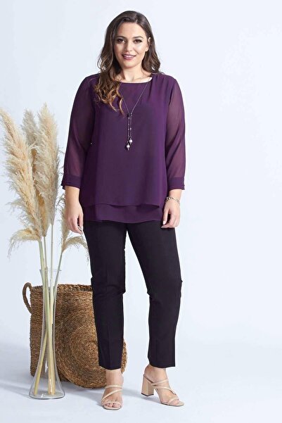 Moda Berray 1934 Necklace Chiffon Plus Size Stylish Blouse Plum
