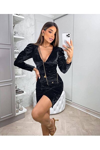 Last Point Γυναικείο μακρυμάνικο μίνι φόρεμα Βελούδο Με σούρες