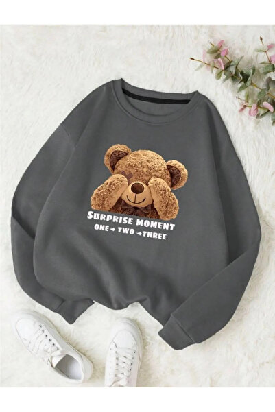 Jooy Company Hanorac de damă Shy Teddy Bear Printed Crew Neck Smoke Grey