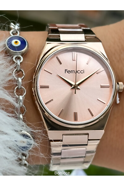 Ferrucci Marka Çelik Kordon Rose Renk Kadın Kol Saati Nazar Boncuklu Bileklik