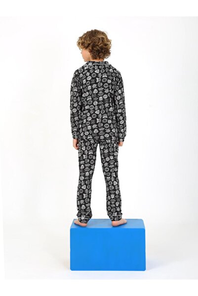 vitmo Erkek Çocuk Uzun Kollu %100 Pamuklu Düğmeli Pijama Takımı Arma Uzun