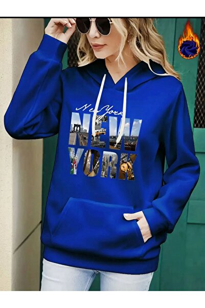 caddekombin New York Printed Hooded Sweatshirt with Pockets