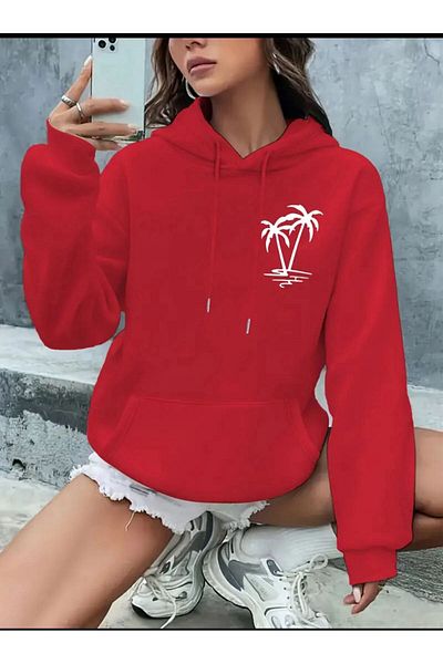 Medinenur Palm Tree Printed Hooded Sweatshirt with Pockets