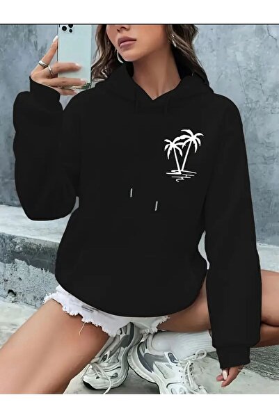 caddekombin Palm Tree Printed Hooded Sweatshirt with Pockets