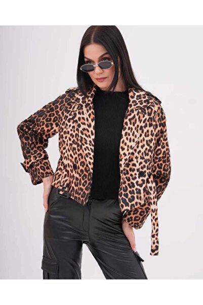 GALAVİP Yeni Sezon Kuşaklı Astarlı Mini Trençkot Kahve Leopar