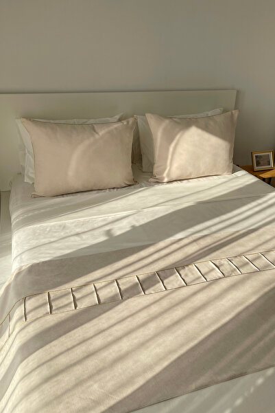 RİTMOHOME Gold Piping Cream Bed Runner & Large Size Pillowcase Set Double Bedspread