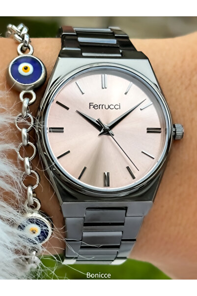 Ferrucci Marka Füme Renk Çelik Kordon Şeftali Renk Kadran Kadın Kol Saati Nazar Boncuklu Bileklik