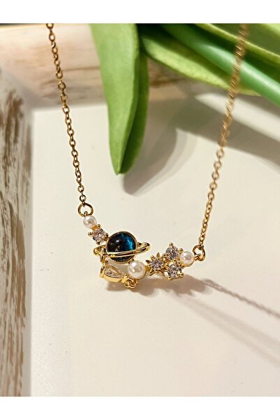 SWORDS CONCEPT ALTIN KAPLAMA ÇELİK PASLANMAZ İNCİLİ SATRÜN GEZEGEN KOLYE