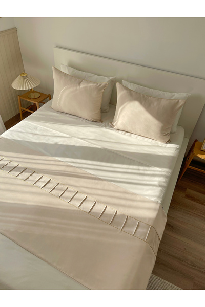 RİTMOHOME Gold Piping Cream Bed Runner & Large Size Pillowcase Set Double Bedspread