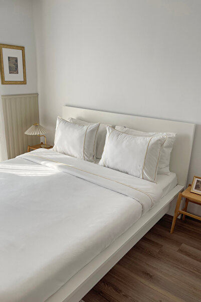 RİTMOHOME Off-White Gold Bias Plain Plain Cotton Hotel Series Double Dowry Duvet Cover Set