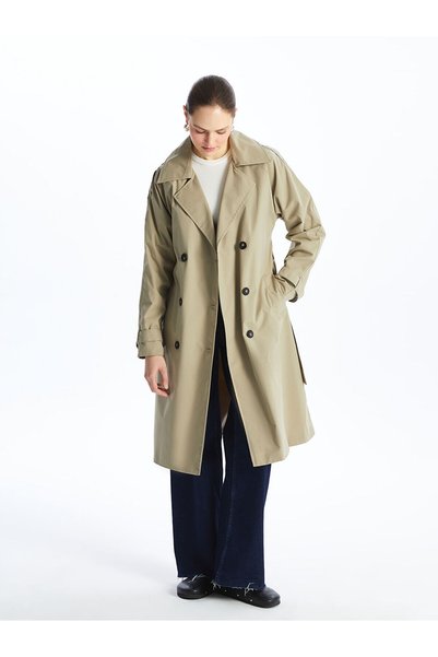 LC Waikiki LCW Modest Açık Haki Ceket Yaka Düz Oversize Kadın Trençkot