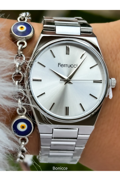 Ferrucci Marka Çelik Kordon Gümüş Renk Kadın Kol Saati Nazar Boncuklu Bileklik