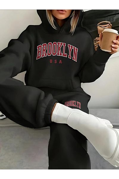 BEETON Brooklyn USA Μαύρη χοντρή χειμερινή αθλητική φόρμα - Φούτερ Jogger Oversize και Hoodie