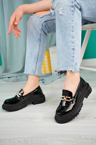 Scarpebutik Black Patent Leather Loafer Thick Sole Ballerina Women's Shoes