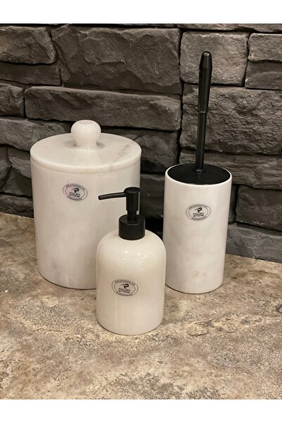 Polen Stone Beyazı mermer 3,lü Banyo Takımı Mat Siyah Detaylı