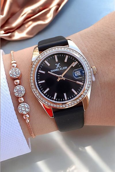 Daniel Klein Women's Black Leather Strap, Rose Case, Jewelled, Calendar Wristwatch, Jewelled Bracelet Gift