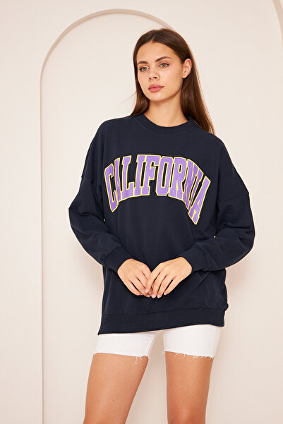 PONÇİK Navy Blue Oversize Cotton Sweatshirt - 22907B4