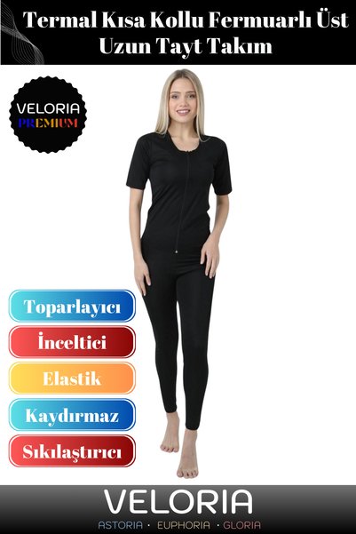 Veloria Premium Seri Toparlayıcı Sıkılaştırıcı Terleten Termal Kısa Kollu Fermuarlı Üst Uzun Tayt Takım