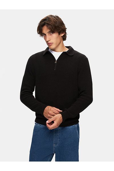 Ltb Pulover negru din tricotaje - guler polo și jumătate de fermoar