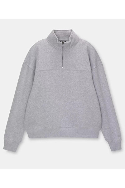 LUMİART Women's Three-Thread Oversized Half-Zip Collared Basic Sweatshirt - Gray