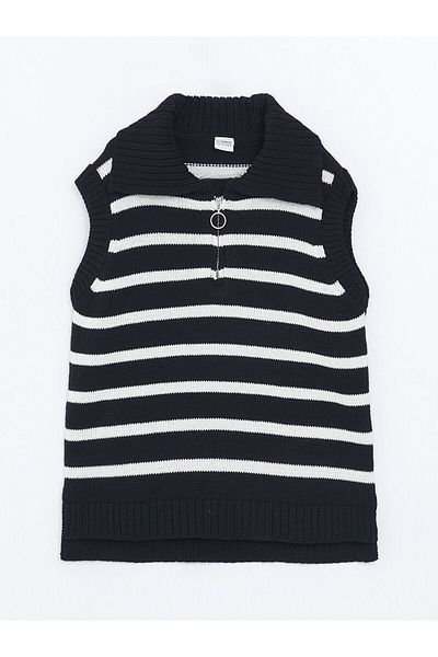 LC Waikiki Lcw Kids Black Striped Polo Collar Girl's Knitwear Sweater