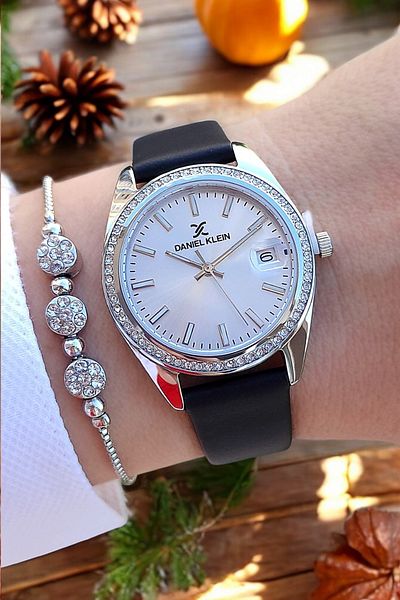 Daniel Klein Women's Black Leather Strap, Jewelled, Calendar Wristwatch, Jewelled Bracelet Gift
