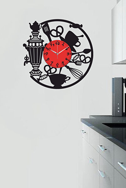 Ensa Design Cafe Duvar Saati Semaver Mutfak Saati- Ahşap Mutfak Duvar Saati 40cm
