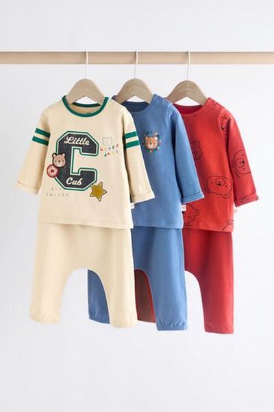 Next Baby Cotton Cream Blue Red Varsity Bear Patterned 3-Piece Bottom Top Set