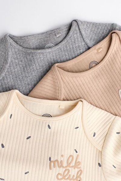 Next Baby 100% Cotton Cream Brown Long Sleeve 3-Piece Bodysuit Set