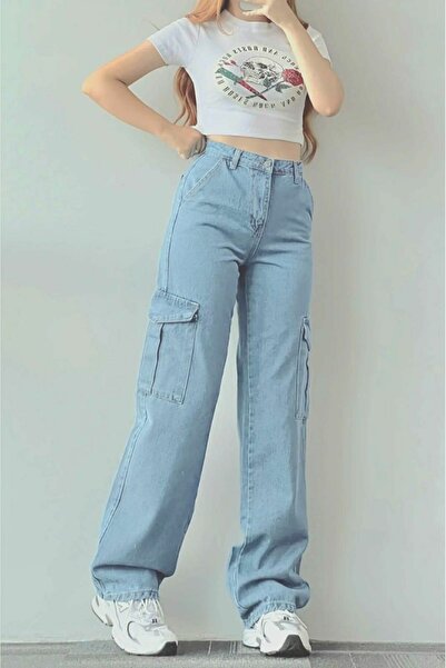 Trn JNS Alya Dark Blue Cargo Loose πίσω τζιν παντελόνι Lycra χωρίς τσέπη