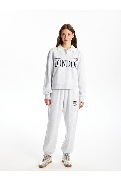 LC Waikiki Γυναικείο φούτερ XSIDE Grey Melange Polo γιακά με κέντημα Oversize