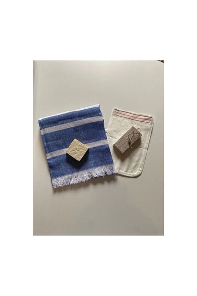 evimdeyokyok Bridal Bath Set, Premium Peshtemal, Pumice Heel Stone, Natural Olive Oil Soap, Pouch Set of 4