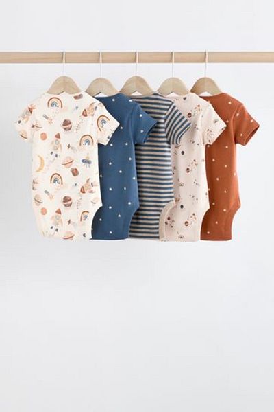Next Baby 100% Cotton Cream Navy Blue Space Themed Short Sleeve 5-Piece Bodysuit Set