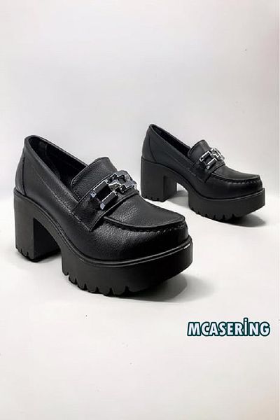 TREND High Sole Loafer Buckle Shoes Black Skin Platform Heel