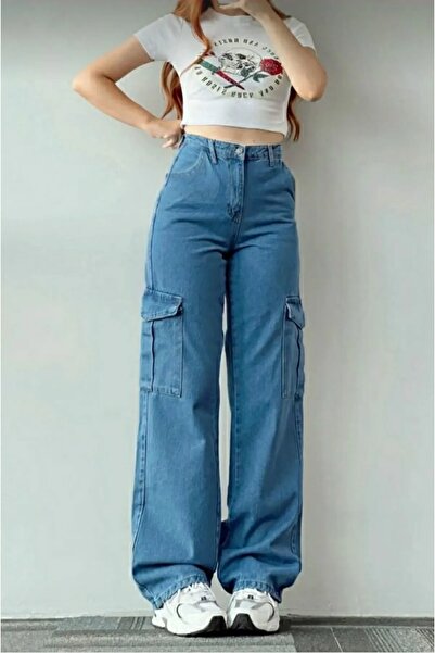 Trn JNS Alya Темно-сині карго-саласи з задньою кишенею з лайкри з високою талією джинсові штани з високою талією