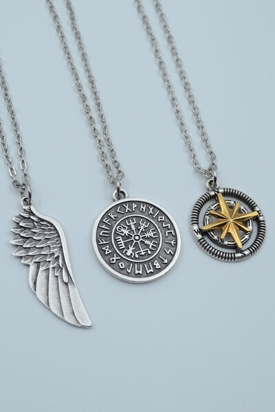 Had Safha 3'lü Büyük Kanat Viking Pusula Tılsım Gümüş Kaplama Unisex Düz Zinc...